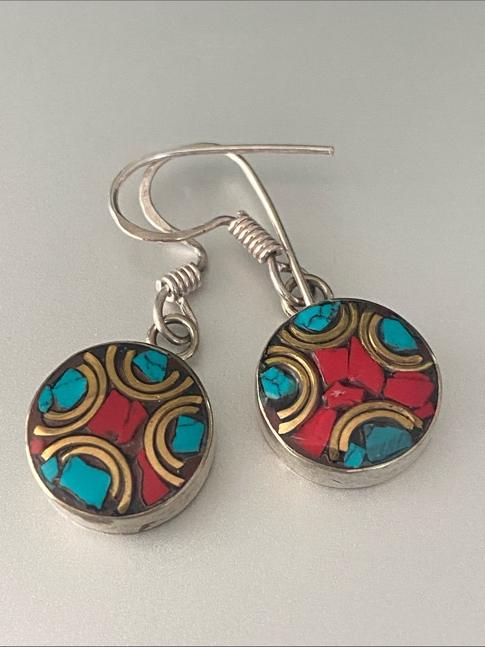 Mosaic stone Inlay Round Drop pierced slider Earrings - Women Jewelry